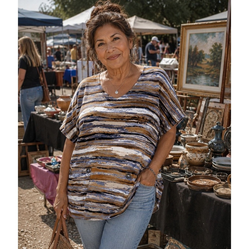 Signature Collection Brown Blue Abstract Stripe Grommet Tunic Top 3X 26W-28W